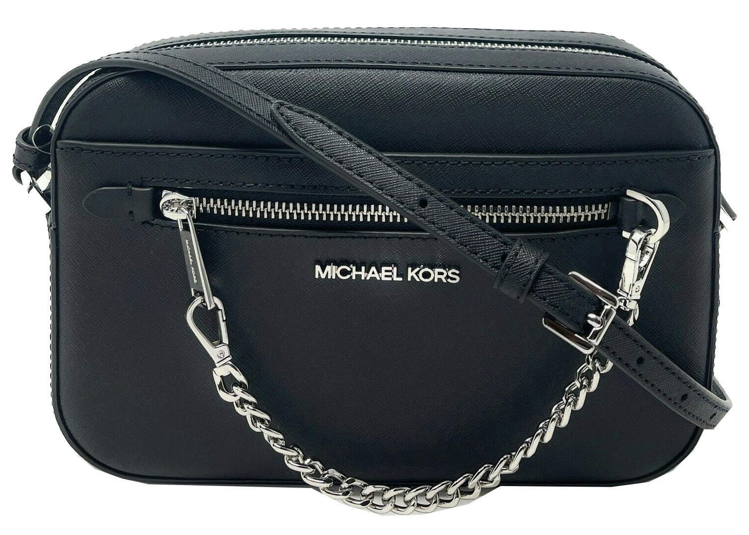 Michael Kors Jet Set Zip Chain Crossbody Bag Large BlackSilver in Saffiano  Leather with Silvertone  US